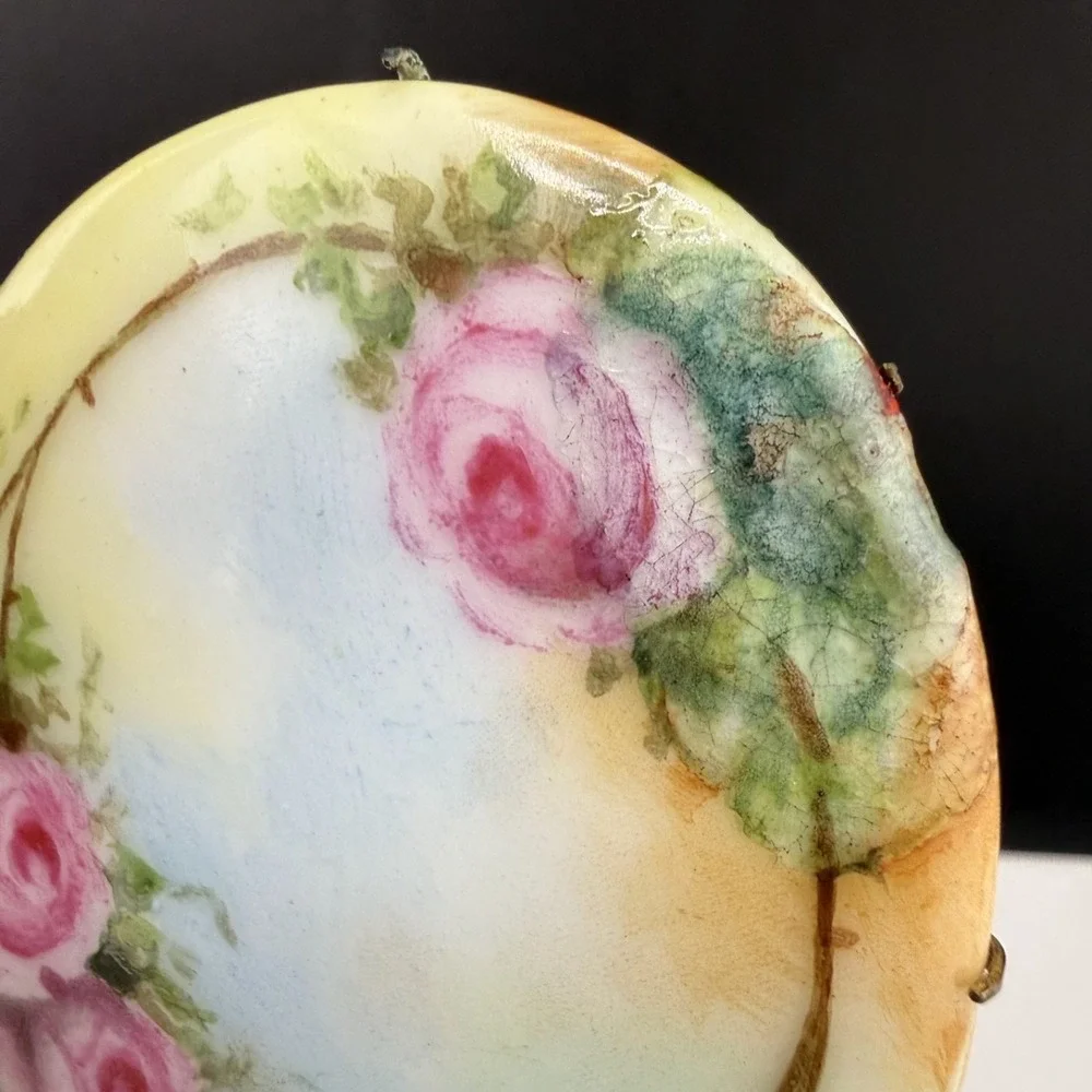 Vintage‎ Porcelain Brooch Hand Painted Flowers Roses Pink Yellow